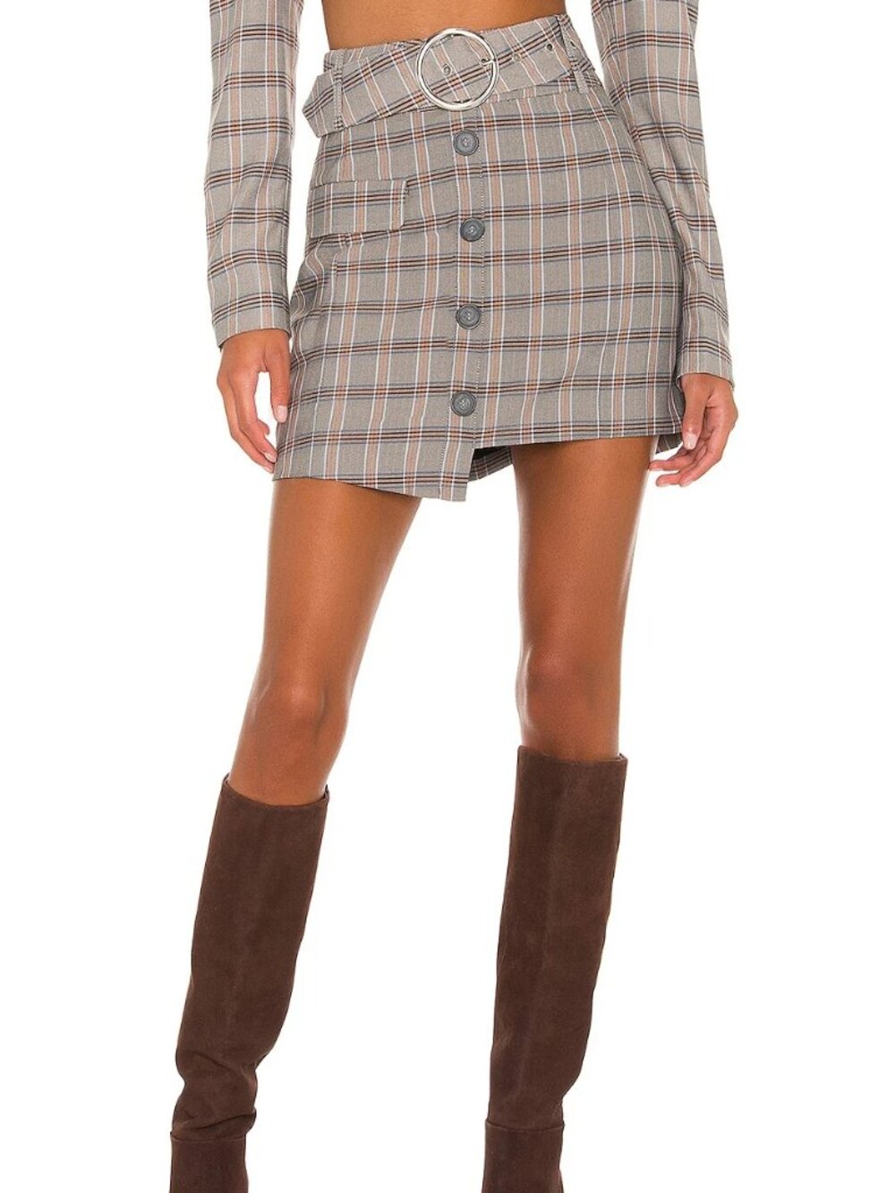 For Love & Lemons Kym Glen Check Plaid Mini Skirt Gray M